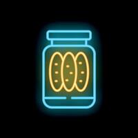 Neon icon of glass jar with pickled cucumbers glowing on dark background vector