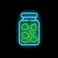 Neon icon of a jar containing green clouds on black background vector