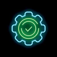Neon green check mark inside blue gear on black background vector