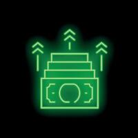 Neon green money increasing value with up arrows on black background vector