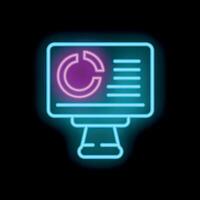 Neon icon of a desktop computer displaying charts and data analysis vector