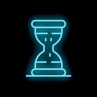 Glowing neon blue hourglass icon showing flowing time on a black background vector