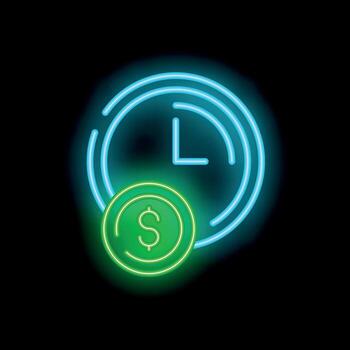 neón firmar representando hora es dinero concepto con reloj y moneda vector