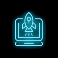 Neon rocket launching from laptop screen startup concept vector