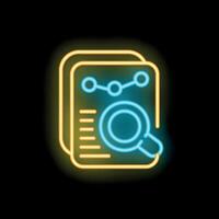 Neon icon of magnifying glass examining documents with charts representing market research and data analysis vector