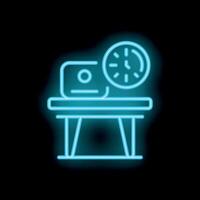Neon sign of a laptop on a desk with a clock representing deadline vector