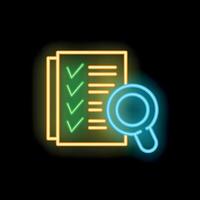 Neon magnifying glass exploring checked checklist on black background vector
