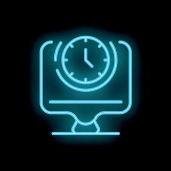 Neon computer icon displaying clock showing importance of time management vector