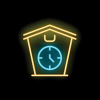 Neon cuckoo clock striking time on black background vector
