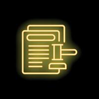 Neon icon of legal documents with gavel representing law and justice vector
