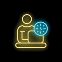 Businessman working overtime with clock neon sign icon vector