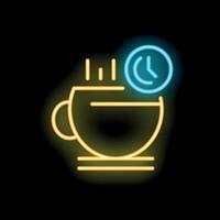 Neon sign of steaming hot cup of coffee or tea and clock symbolizing coffee break time vector