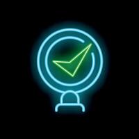 Neon sign showing a check mark symbol inside a circle on a black background vector