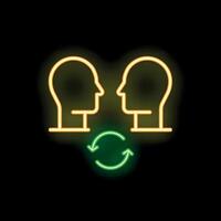 Neon icon of two heads facing each other with rotating arrows between them vector