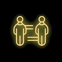 Neon yellow stick figures social distancing icon on black background vector