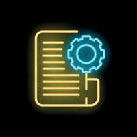 Neon icon of document with cogwheel representing automated workflow vector