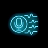 Neon microphone icon glowing with sound waves on black background vector
