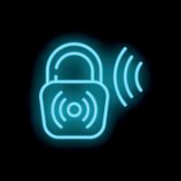 Neon padlock sending wifi signal on black background vector