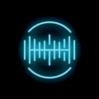 Blue neon style icon showing sound waves in circle on black background vector