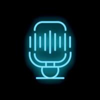 Blue neon microphone icon glowing on dark background vector