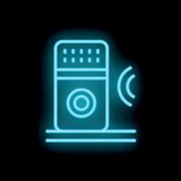 Neon icon of walkie talkie transmitting signal on black background vector