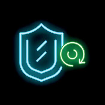 Neon icon of shield with update symbol representing cybersecurity updates vector