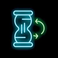 Neon hourglass showing time passing with arrows cycle on black background vector