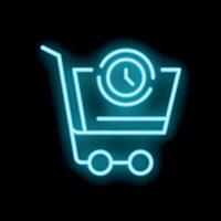 Neon shopping cart icon glowing with clock symbol for fast delivery vector
