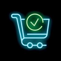 Neon shopping cart icon showing successful online order confirmation vector