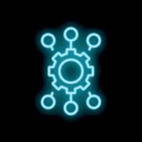Neon blue decentralized system concept with cogwheel icon on black background vector
