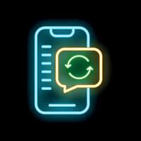 Neon icon of smartphone showing refreshing status with circular arrows in speech bubble vector