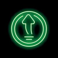 Green neon sign showing uploading symbol in circle on black background vector