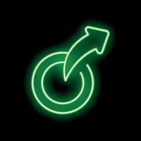 Green neon sign showing logout symbol with curved arrow leaving circle on black background vector