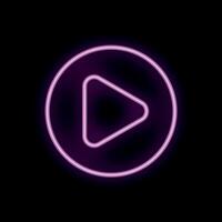 Pink neon sign showing play button in circle on black background vector