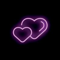 Two glowing purple neon hearts overlapping on black background vector