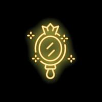 Neon yellow hand mirror with crown glowing on black background vector