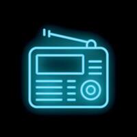 Blue neon sign representing a vintage radio receiver broadcasting on black background vector