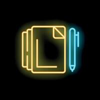 Neon icon of documents with folded corner and pen representing writing vector