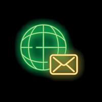 Neon icon of worldwide global email message sending on black background vector