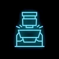 Neon blue icon of an open cardboard box with light coming out from inside vector
