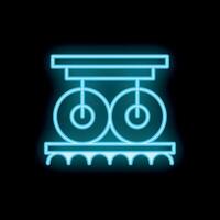 Neon icon of steel or paper rolls being moved by overhead crane in blue color on black background vector