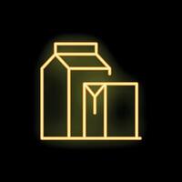 Glowing neon icon of milk or juice carton pouring into a glass on black background vector