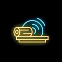 Neon icon of circular saw cutting wood log on black background vector
