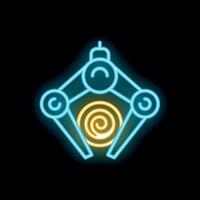 Neon industrial robotic arm holding object icon on black background vector