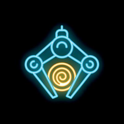 Neon industrial robotic arm holding object icon on black background