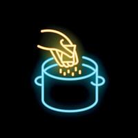 Chef adding spices to a pot, neon sign icon vector