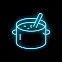 Neon icon of saucepan with bubbling water and spoon stirring on black background vector