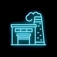 Neon factory building with smoking chimney at night on black background vector