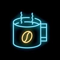 Neon sign showing steaming coffee mug with coffee bean symbol vector