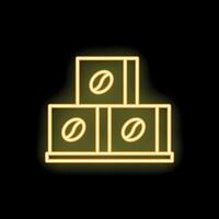 Neon sign of coffee bean packages forming a pyramid on a shelf vector